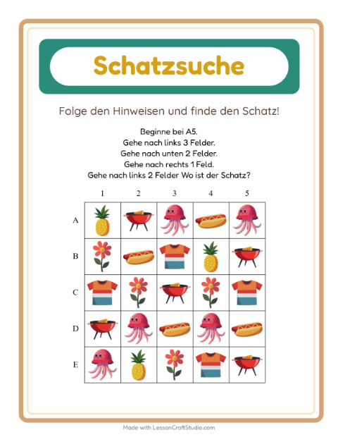 Vorschau: Schatzsuche-Arbeitsblatt mit Sommer für 1. Klasse