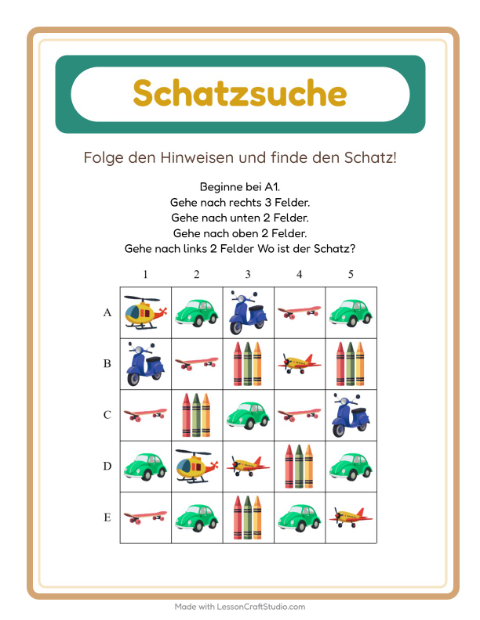 Vorschau: Schatzsuche-Arbeitsblatt mit Spielzeug für 1. Klasse