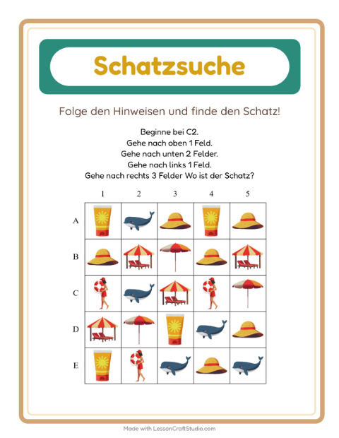 Vorschau: Schatzsuche-Arbeitsblatt mit Strand für 1. Klasse
