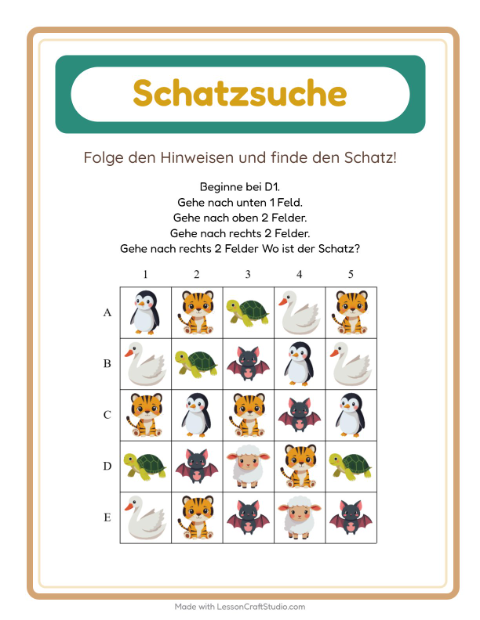 Vorschau: Schatzsuche-Arbeitsblatt mit Tiere für 1. Klasse