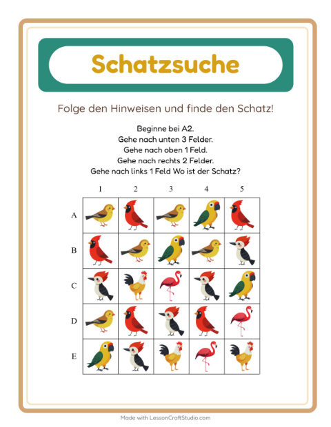 Vorschau: Schatzsuche-Arbeitsblatt mit Vögel 2 für 1. Klasse