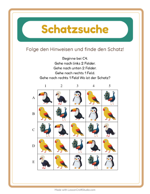 Vorschau: Schatzsuche-Arbeitsblatt mit Vögel für 1. Klasse