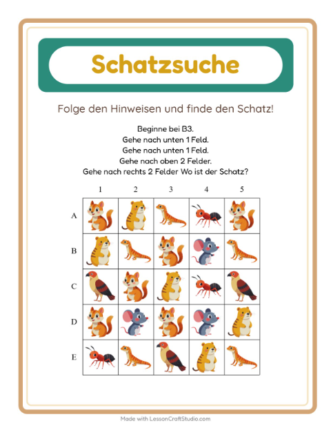 Vorschau: Schatzsuche-Arbeitsblatt mit Waldtiere für 1. Klasse