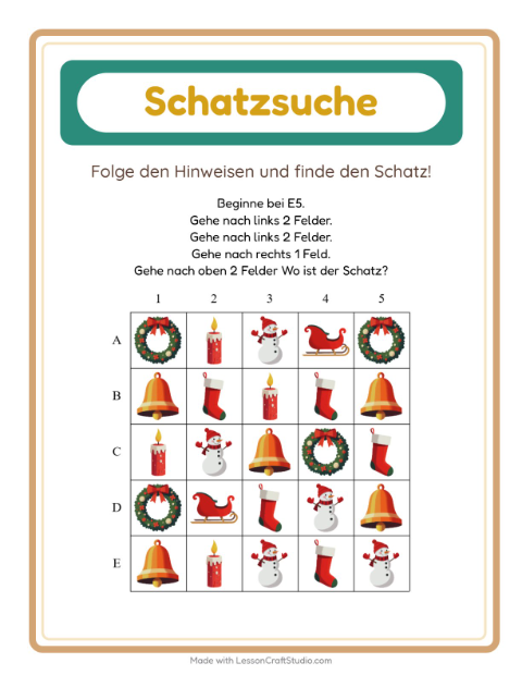 Vorschau: Schatzsuche-Arbeitsblatt mit Weihnachten für 1. Klasse