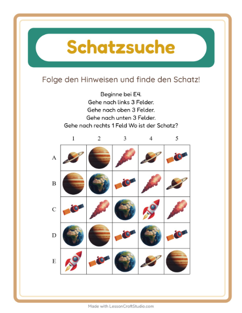 Vorschau: Schatzsuche-Arbeitsblatt mit Weltraum für 1. Klasse