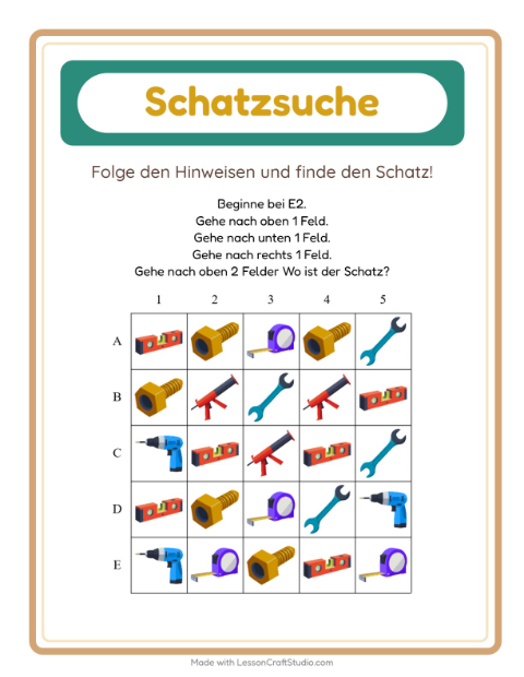 Vorschau: Schatzsuche-Arbeitsblatt mit Werkzeuge für 1. Klasse