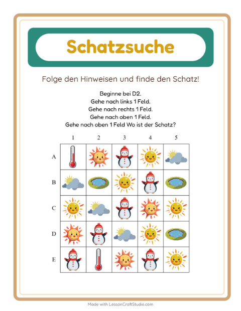 Vorschau: Schatzsuche-Arbeitsblatt mit Wetter für 1. Klasse