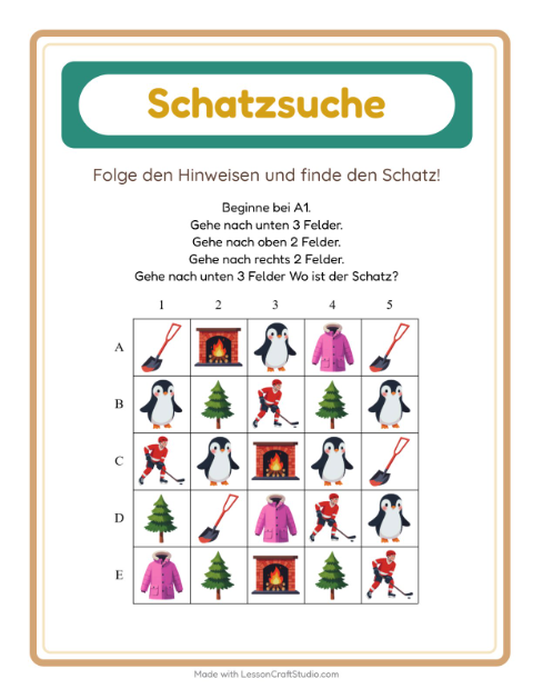 Vorschau: Schatzsuche-Arbeitsblatt mit Winter für 1. Klasse