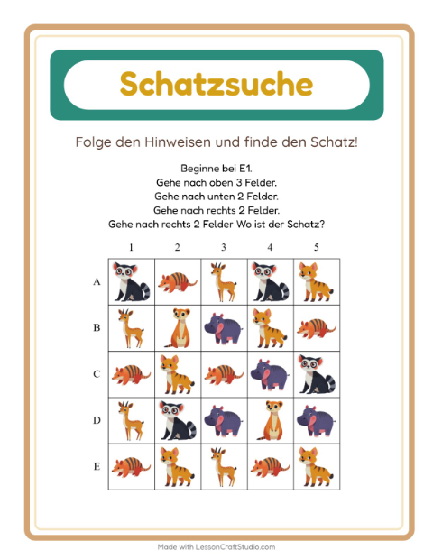 Vorschau: Schatzsuche-Arbeitsblatt mit Zootiere für 1. Klasse