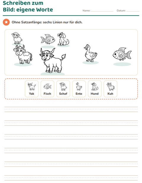 Vorschau: Schreiben zum Bild-Arbeitsblatt mit Bauernhoftiere SW für 2. Klasse
