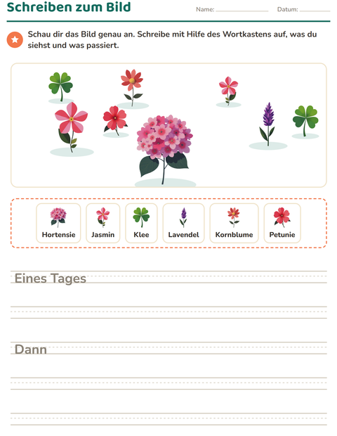 Vorschau: Schreiben zum Bild-Arbeitsblatt mit Blumen für 2. Klasse