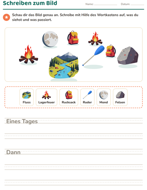 Vorschau: Schreiben zum Bild-Arbeitsblatt mit Camping für 2. Klasse