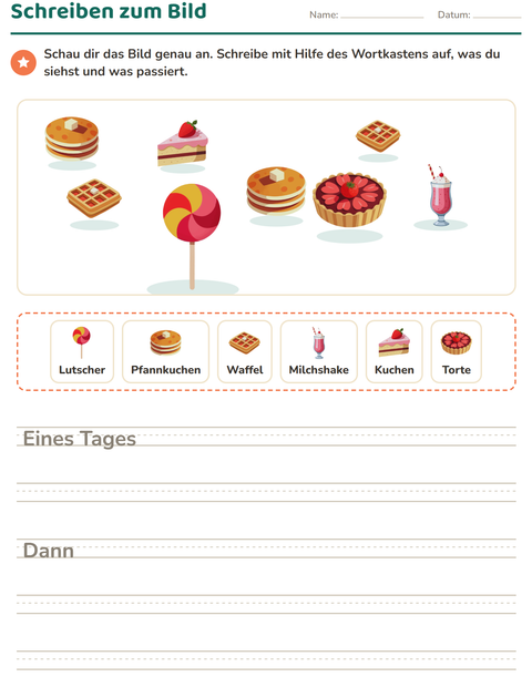 Vorschau: Schreiben zum Bild-Arbeitsblatt mit Desserts und Süßigkeiten für 2. Klasse