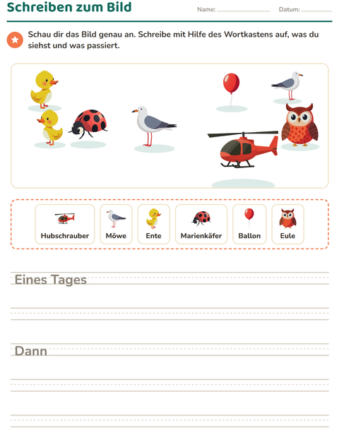Vorschau: Schreiben zum Bild-Arbeitsblatt mit Dinge die fliegen für 2. Klasse