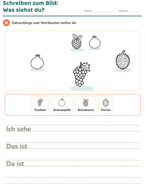 Vorschau: Schreiben zum Bild-Arbeitsblatt mit Früchte SW für 2. Klasse