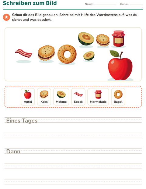 Vorschau: Schreiben zum Bild-Arbeitsblatt mit Frühstück für 2. Klasse