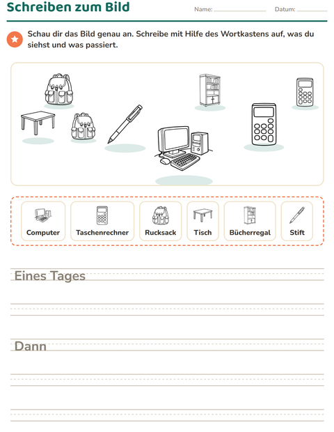 Vorschau: Schreiben zum Bild-Arbeitsblatt mit Klassenzimmer 2 (S/W) für 2. Klasse
