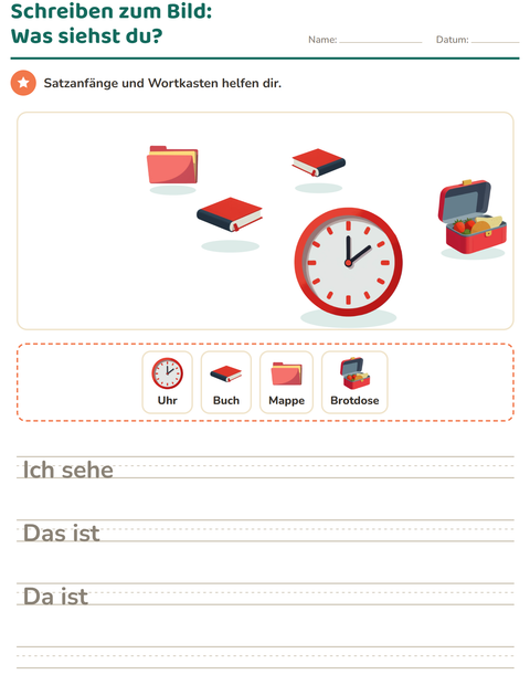 Vorschau: Schreiben zum Bild-Arbeitsblatt mit Klassenzimmer für 2. Klasse