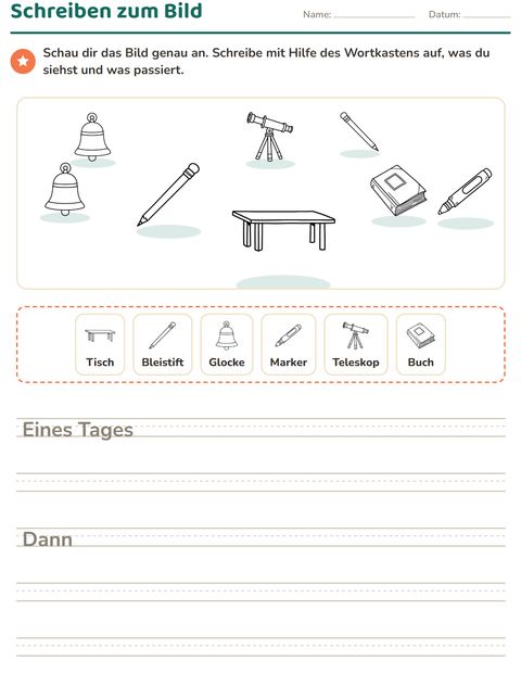 Vorschau: Schreiben zum Bild-Arbeitsblatt mit Klassenzimmer (S/W) für 2. Klasse