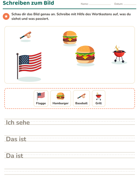 Vorschau: Schreiben zum Bild-Arbeitsblatt mit 4. Juli für 2. Klasse