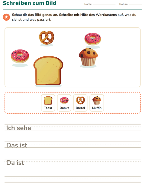 Vorschau: Schreiben zum Bild-Arbeitsblatt mit Bäckerei für 2. Klasse