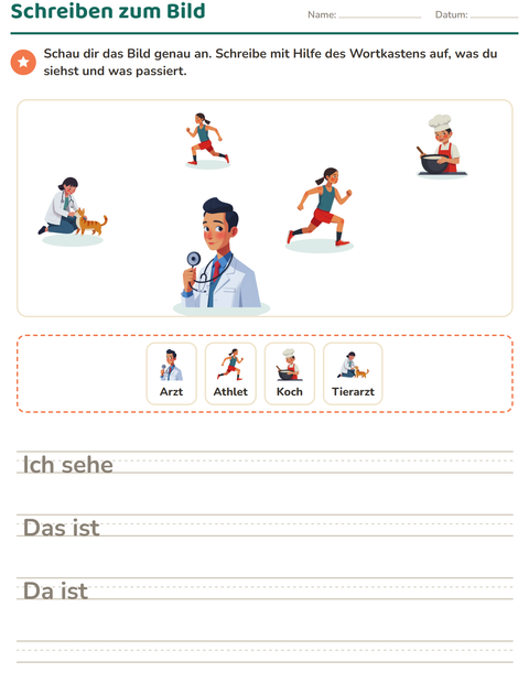 Vorschau: Schreiben zum Bild-Arbeitsblatt mit Berufe für 2. Klasse