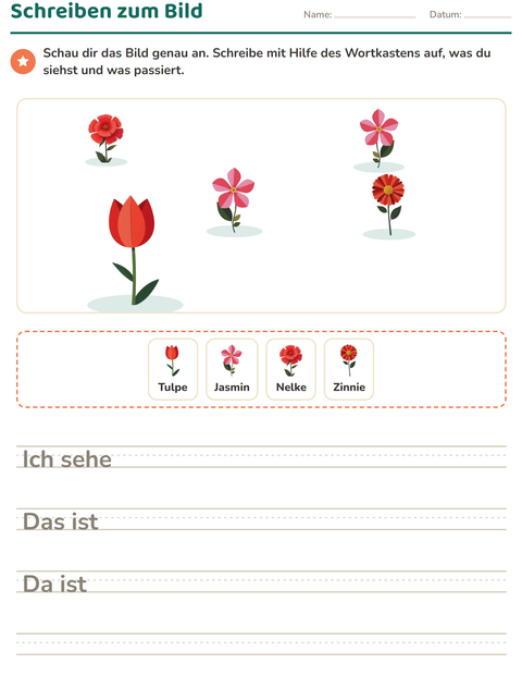 Vorschau: Schreiben zum Bild-Arbeitsblatt mit Blumen für 2. Klasse