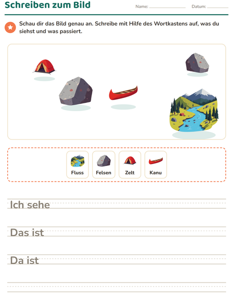 Vorschau: Schreiben zum Bild-Arbeitsblatt mit Camping für 2. Klasse