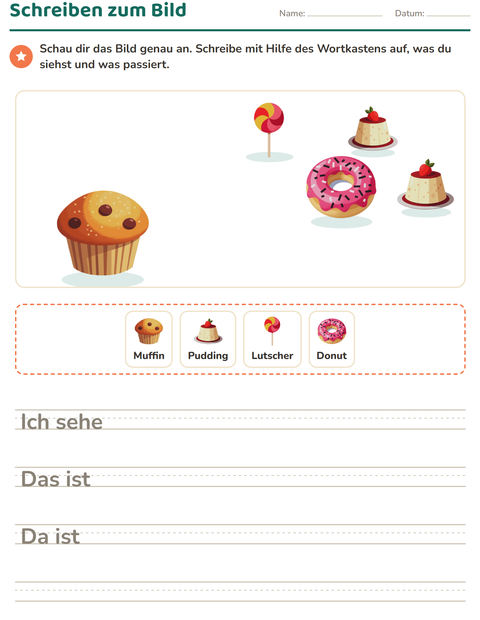 Vorschau: Schreiben zum Bild-Arbeitsblatt mit Desserts und Süßigkeiten für 2. Klasse