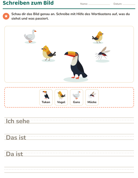 Vorschau: Schreiben zum Bild-Arbeitsblatt mit Dinge die fliegen für 2. Klasse