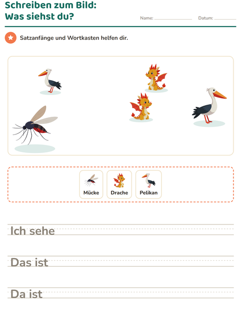 Vorschau: Schreiben zum Bild-Arbeitsblatt mit Dinge die fliegen für 2. Klasse