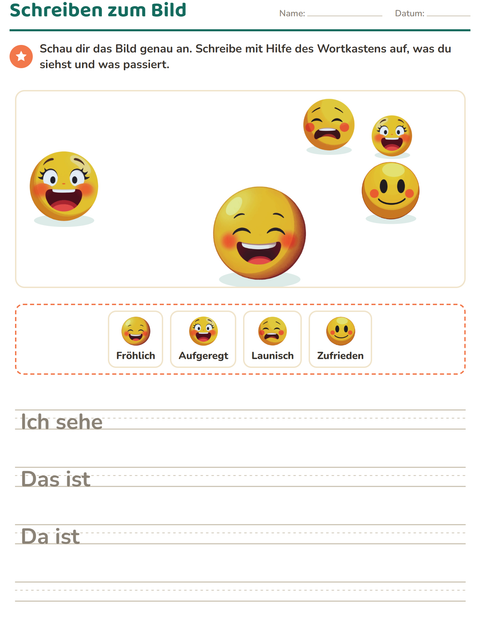 Vorschau: Schreiben zum Bild-Arbeitsblatt mit Emotionen für 2. Klasse