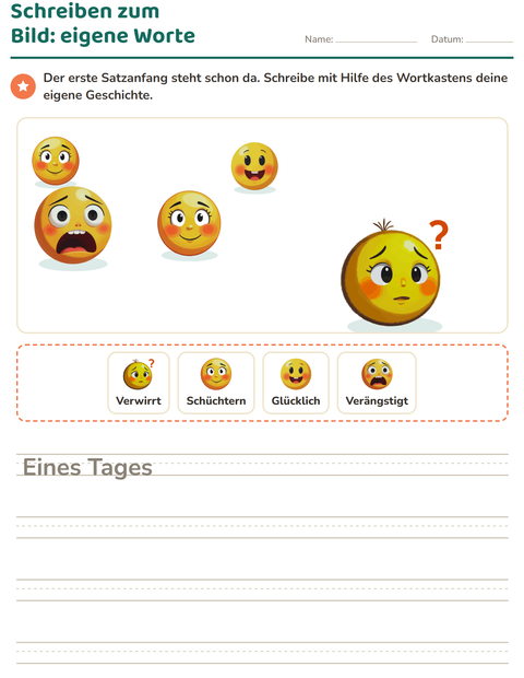 Vorschau: Schreiben zum Bild-Arbeitsblatt mit Emotionen für 2. Klasse