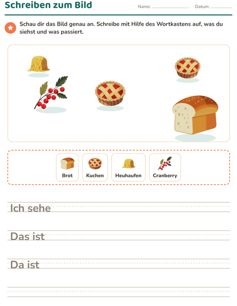Vorschau: Schreiben zum Bild-Arbeitsblatt mit Erntedankfest für 2. Klasse