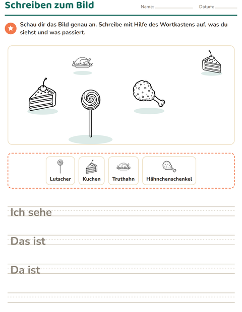 Vorschau: Schreiben zum Bild-Arbeitsblatt mit Essen SW 2 für 2. Klasse