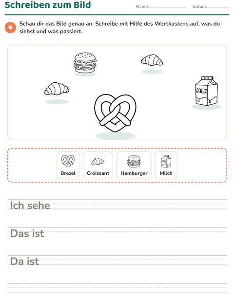 Vorschau: Schreiben zum Bild-Arbeitsblatt mit Essen SW 3 für 2. Klasse