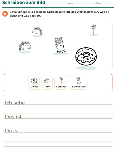 Vorschau: Schreiben zum Bild-Arbeitsblatt mit Essen SW für 2. Klasse