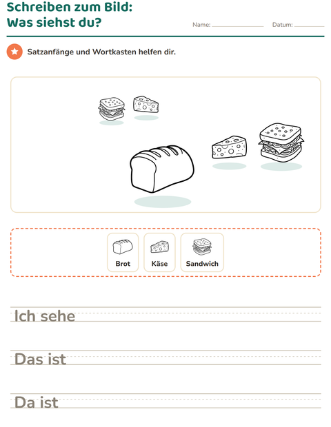 Vorschau: Schreiben zum Bild-Arbeitsblatt mit Essen SW für 2. Klasse