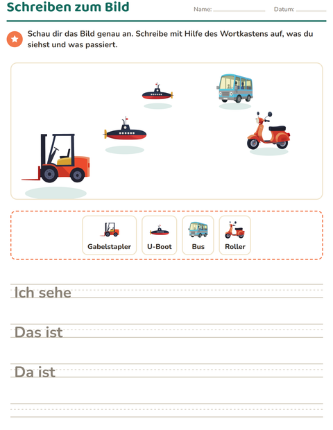 Vorschau: Schreiben zum Bild-Arbeitsblatt mit Fahrzeuge für 2. Klasse
