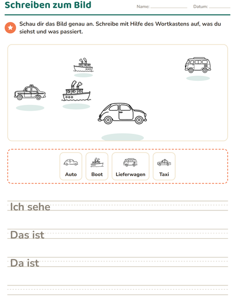 Vorschau: Schreiben zum Bild-Arbeitsblatt mit Fahrzeuge SW 2 für 2. Klasse