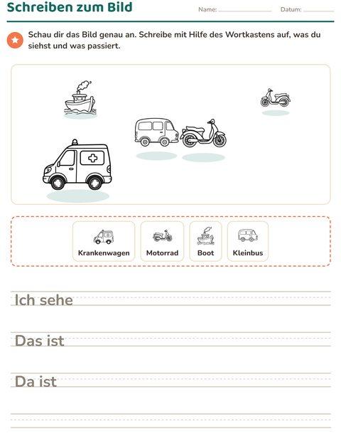 Vorschau: Schreiben zum Bild-Arbeitsblatt mit Fahrzeuge SW 3 für 2. Klasse