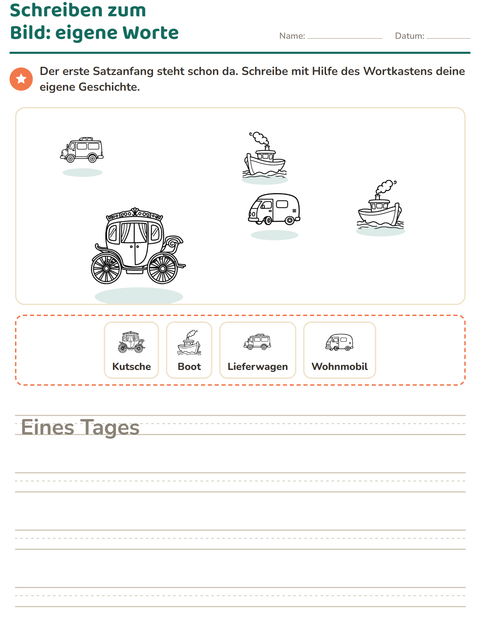 Vorschau: Schreiben zum Bild-Arbeitsblatt mit Fahrzeuge SW 3 für 2. Klasse