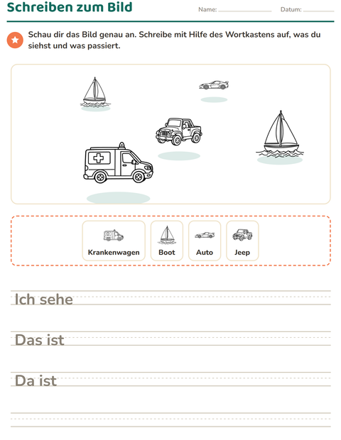 Vorschau: Schreiben zum Bild-Arbeitsblatt mit Fahrzeuge SW für 2. Klasse