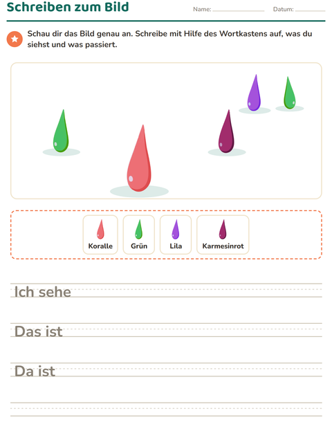 Vorschau: Schreiben zum Bild-Arbeitsblatt mit Farben für 2. Klasse