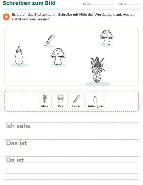 Vorschau: Schreiben zum Bild-Arbeitsblatt mit Gemüse SW 2 für 2. Klasse