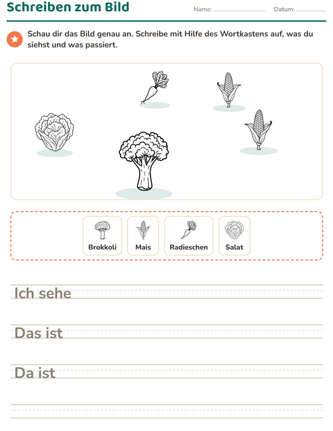 Vorschau: Schreiben zum Bild-Arbeitsblatt mit Gemüse SW für 2. Klasse