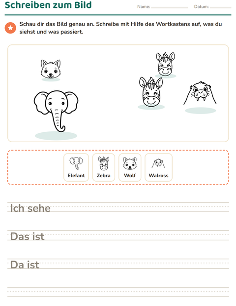 Vorschau: Schreiben zum Bild-Arbeitsblatt mit Gesichter SW für 2. Klasse
