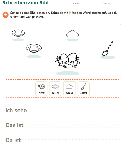 Vorschau: Schreiben zum Bild-Arbeitsblatt mit Haus und Natur SW für 2. Klasse