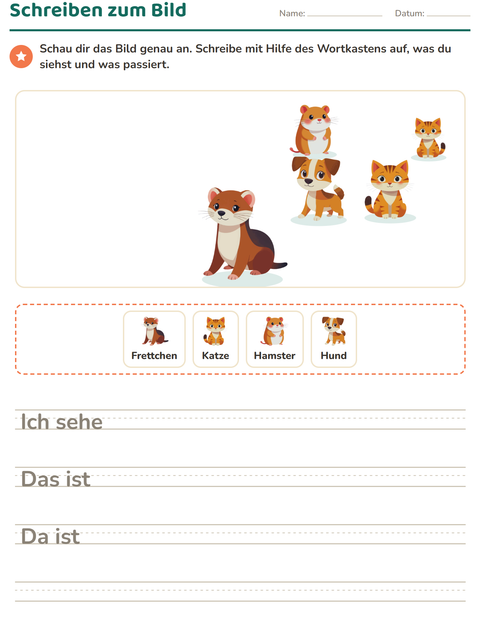 Vorschau: Schreiben zum Bild-Arbeitsblatt mit Haustiere für 2. Klasse