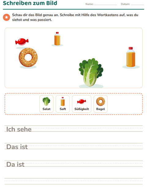 Vorschau: Schreiben zum Bild-Arbeitsblatt mit Im Supermarkt für 2. Klasse